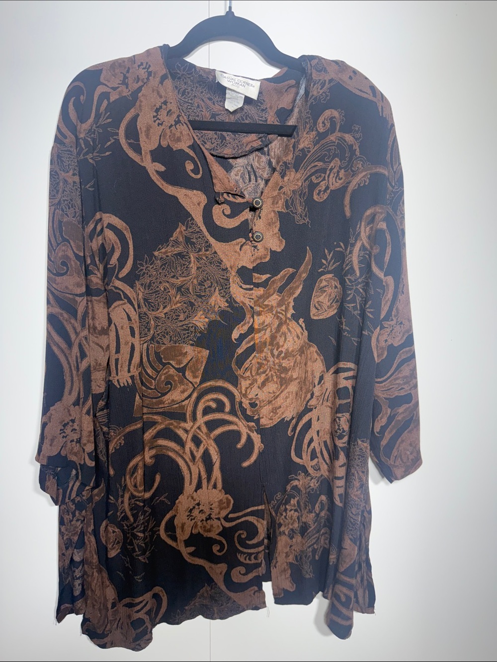 Brown & Black Printed Women's Blouse - Lightweight V-Neck Top